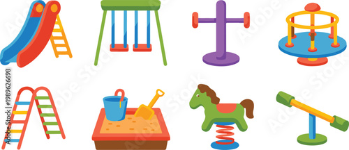Musical percussion instruments and playground equipment vector illustration set featuring djembe maracas tambourine slide and swings for hobby and park design