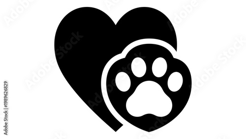 Heart and paw print icon, vector illustration of a pet love symbol, simple black silhouette design isolated on white bac