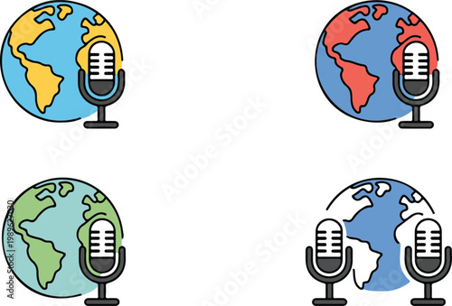 Global podcast and radio broadcasting vector icon set featuring world globe with vintage microphone for international news and media design