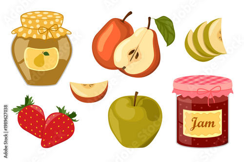 Vector fruit and jam jars set: strawberry, apple, pear. Autumn harvest illustrations isolated on transparent background.