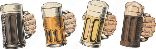 Hands holding beer mugs vector set, frothy lager and dark ale glasses, vintage engraving style bar illustration design