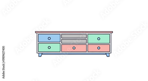 Colorful furniture piece with multiple drawers.