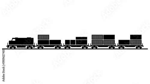 Silhouette of a Freight Train Transporting Cargo Containers on Isolated White Background