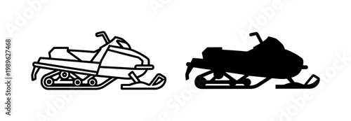 Snowmobile Outline and Silhouette Vector Icon Set