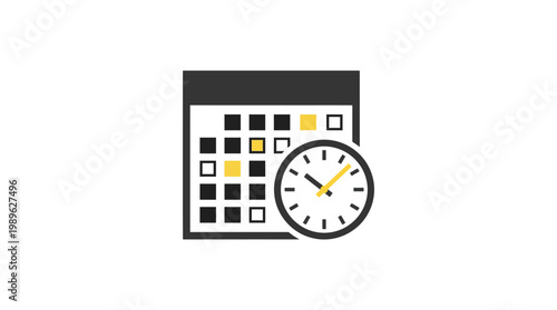 Black calendar icon with highlighted yellow dates and an analog clock, representing scheduled events, time management, and important appointments on an isolated white background.