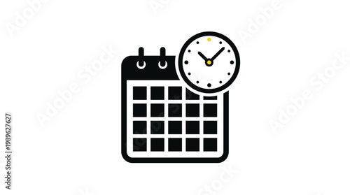 Black calendar icon with an analog clock overlay, symbolizing scheduling, time management, and event planning on an isolated white background.