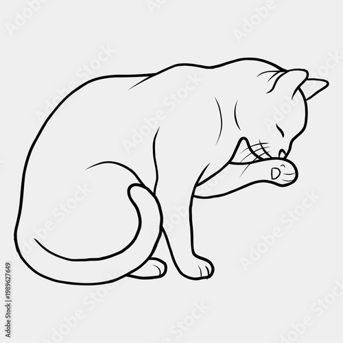 Minimalist Cat Line Art Illustration – Domestic Feline Licking Paw