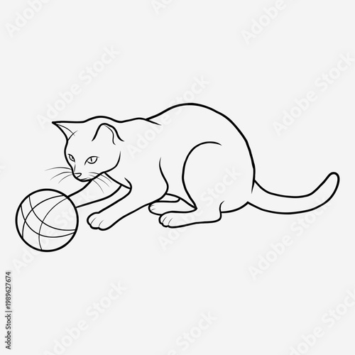 Minimalist Line Art Illustration of a Cat Playing with a Ball of Yarn