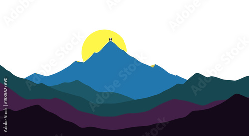 Silhouetted figures stand atop a mountain beneath a radiant yellow sun