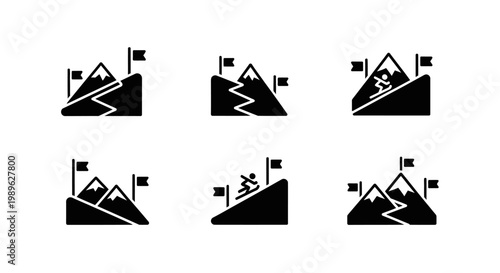 Mountain Peak Achievement Icons: Skiing, Hiking, Success Goals, Summit Flags