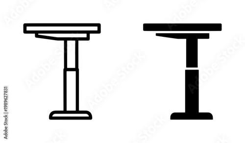 Modern standing desk vector icons, adjustable height sit-stand workstation symbols, ergonomic office furniture line and silhouette graphics