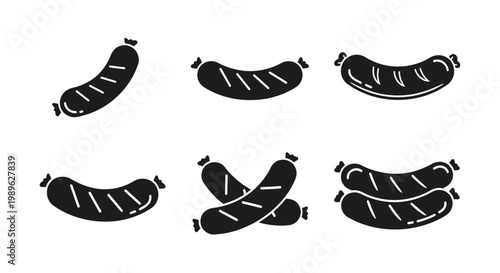 Sausage Icon Set: Grilled, Boiled, and Raw Sausages in Black and White