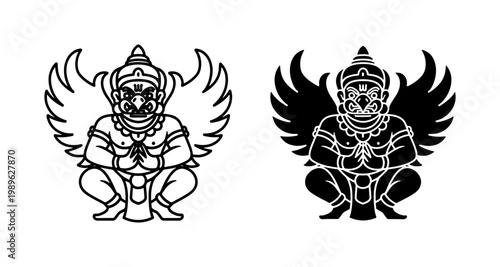 Thai Garuda mythological bird vector set, traditional Asian deity silhouette and line art, black and white religious emblem for tattoo and logo design