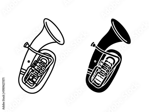 Tuba musical instrument vector icons, black and white brass tuba silhouettes, orchestral wind instrument line art set for music education and jazz posters
