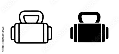 Minimalist kettlebell icon set, black outline and solid silhouette fitness weight symbols, gym equipment vector graphics for workout apps