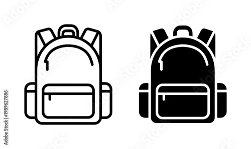 Minimalist backpack icon set, school bag vector illustrations, black and white rucksack line art and solid glyph symbols for travel and education