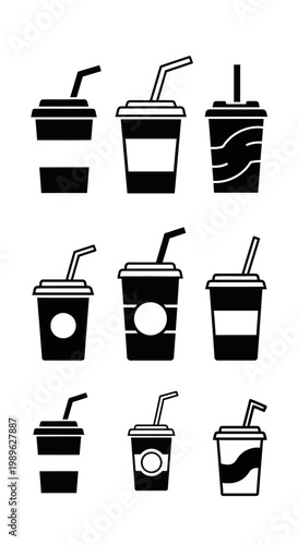 Set of Black and White Icons of Disposable Coffee Cups with Straws