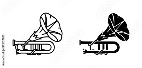Vintage trumpet with morning glory flower vector, musical instrument and floral vine illustration, black and white trumpet icons for jazz music branding