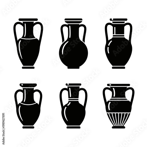 Set of Ancient Greek Amphorae Silhouettes, Classic Pottery Vases