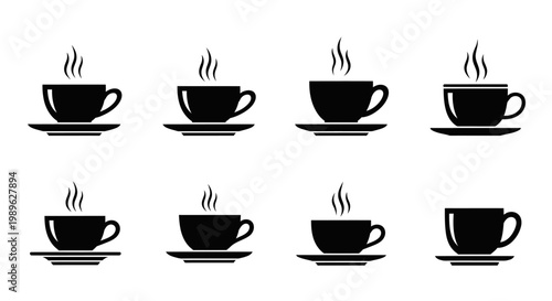 Set of Black Coffee Cups with Steam on Saucers, Hot Drink Icon Collection