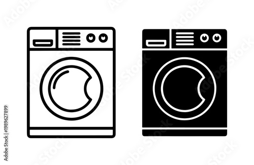 Washing machine icon set, modern laundry appliance vector symbols, black and white front load washer illustrations for household service apps
