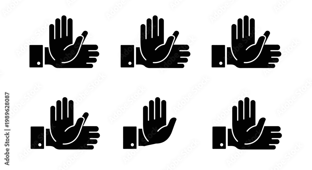 Fototapeta premium Stop Hand Gesture Icons: Set of Six Black Silhouettes on White Background
