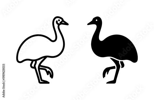 Minimalist emu bird vector icons, black and white ostrich silhouette set, flightless australian bird illustrations for logo design and wildlife branding