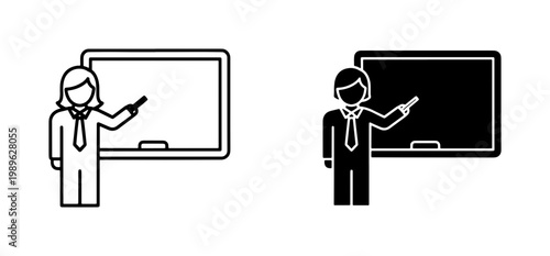 Minimalist teacher icon set with chalkboard, professional educator standing by blackboard vector, female instructor line and silhouette icons