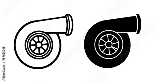 Turbocharger vector icons set, automotive turbo engine parts in outline and silhouette styles, car performance tuning and racing equipment graphics