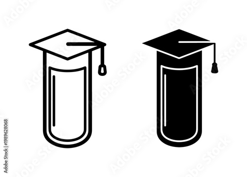 Academic science laboratory icons, graduation cap on chemistry test tube, educational research and university degree symbols, black vector set