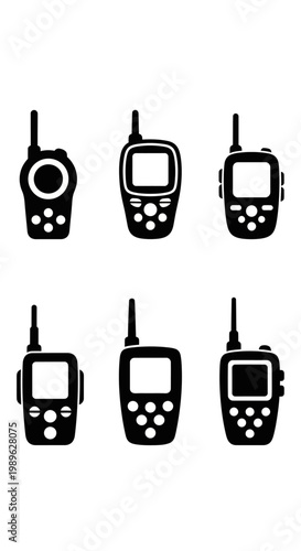 Set of six vintage walkie-talkie icons, black and white, communication devices