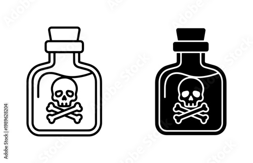 Poison bottle icon set with skull and crossbones, toxic liquid chemical flask vector, dangerous substance glass jar in outline and glyph style