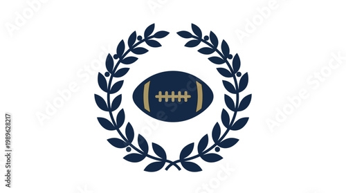 Stylized American football icon in blue and gold within a laurel wreath, representing sports achievement and prestige on an isolated white background.
