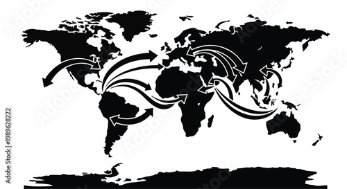 Global connections international business world map with arrows illustrating global communication and travel routes on white background