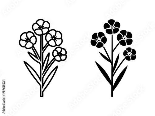 Flax flower plant black line and silhouette icon set
