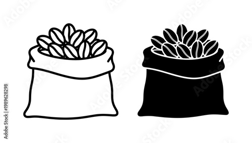 Coffee bean sack icon set in black and white line art