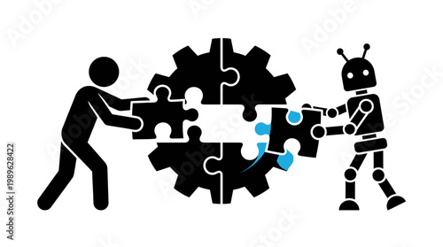 Man and robot working together to assemble a gear-shaped puzzle with a blue piece, symbolizing collaborative problem-solving and teamwork in technology on an isolated white background.