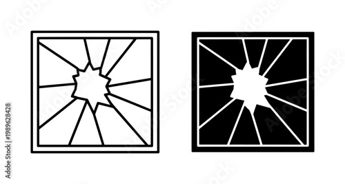 Broken glass window icon set with shattered hole