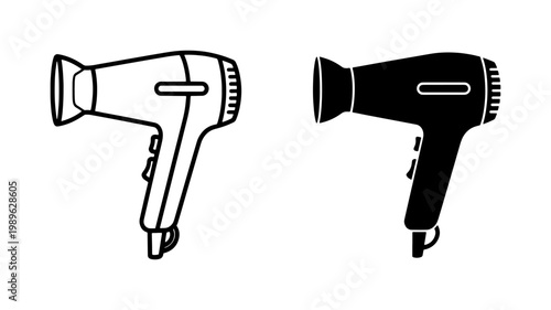 Hair dryer icon set in outline and solid black style