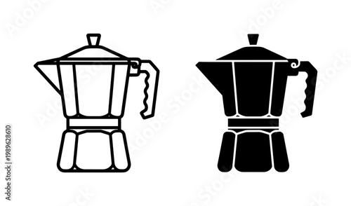Moka Pot Coffee Maker Line and Silhouette Icons