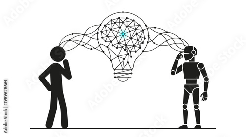 Man and robot sharing ideas with an interconnected brain-like lightbulb, symbolizing collaborative innovation and knowledge transfer on an isolated white background.