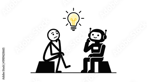 Man and robot sitting together, with a lightbulb idea above the man's head, representing human innovation and AI collaboration on an isolated white background.
