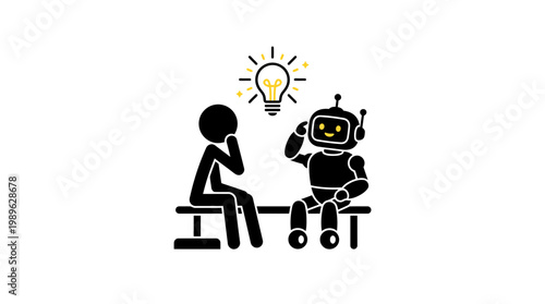 Robot and man sitting together, with a lightbulb idea above the robot's head, representing innovation and collaboration on an isolated white background.