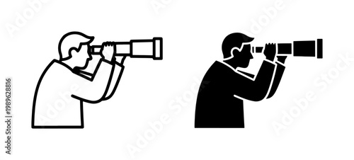 Man looking through telescope icon set