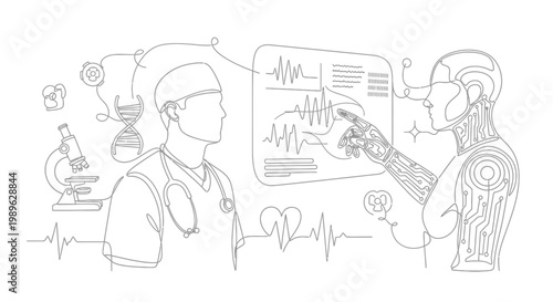 Robot and man in science lab.