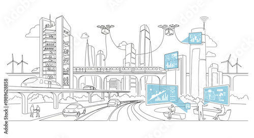 Cityscape with futuristic drone vehicles.