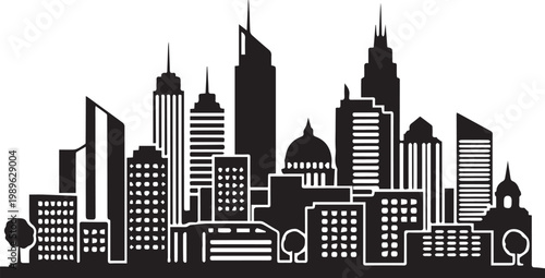 Black silhouette of a modern city skyline with skyscrapers and buildings isolated on transparent background