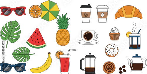 Summer vacation and coffee break vector set with tropical fruits sunglasses drinks pastries and cafe elements colorful lifestyle illustration collection