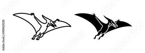 Flying Pterodactyl Dinosaur Silhouette and Outline Vector Set