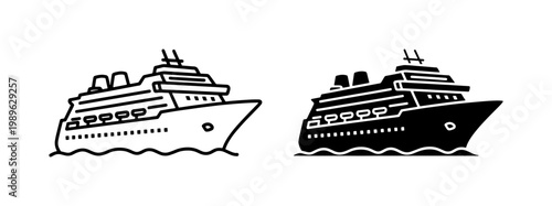 Cruise Ship Line and Silhouette Icon Set